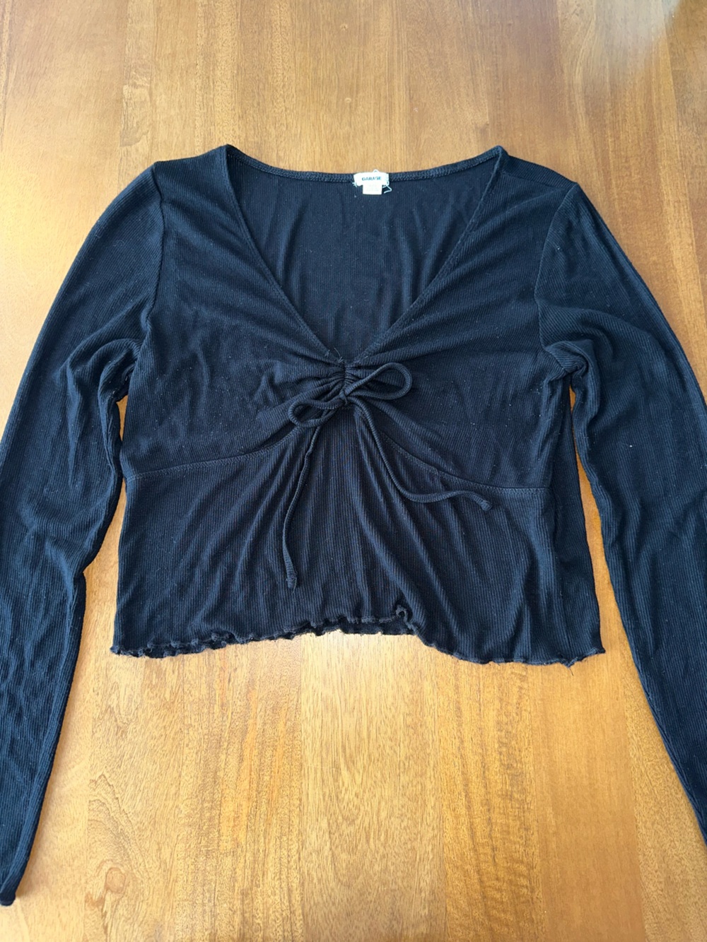 Black Ribbed Tie-Front Long Sleeve Top - Garage